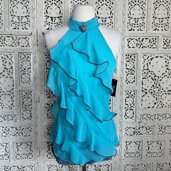 NWT Blue Ruffle Mockneck Halter Fairy Coquette Y2k Style Sleeveless Blouse Sz M - Picture 1 of 8